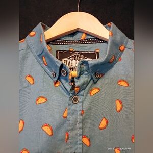 🌮 Five Points Taco Print Button Down Shirt Large Slim Fit Flex Short Sleeve 🌮